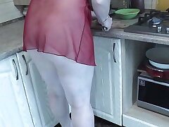 MILF Frina continues naked cooking. Todays bill of fare is chicken. Sexy mommy Milf in kitchen no panties in transparent negligee. Natural tits Pussy Beautifull ass