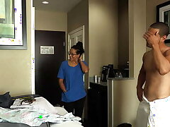 ROOM SERVICE! Slutty Latina sheila Jolla fucks hotel guest and makes a mess in the room.